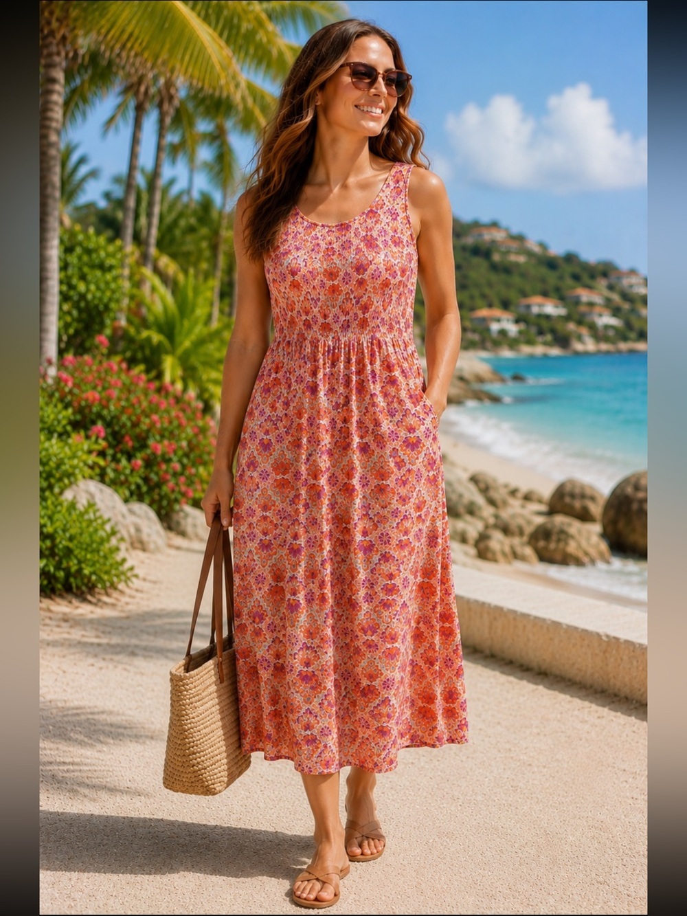 Croft & Barrow XL Smocked Floral Midi Dress Rayon Sleeveless Pockets